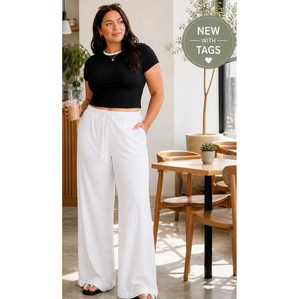 NWT Athleta Paradise Wide Leg Pant XL White Linen Blend Pull-On Resort MSRP $109